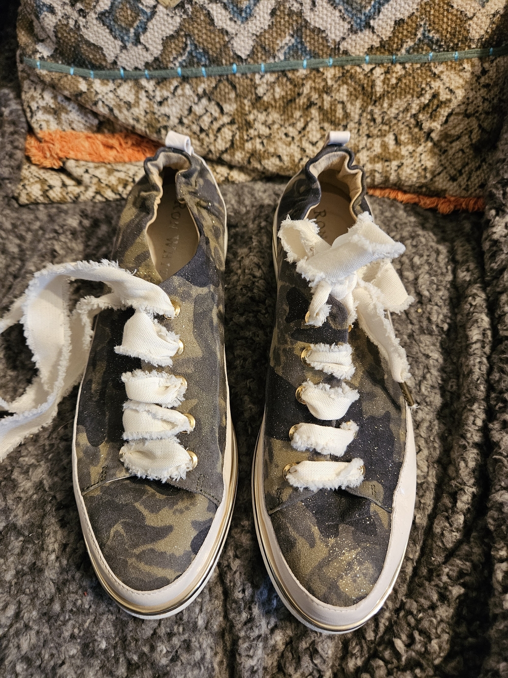 Ron White Camo Low-Top Sneakers with Frayed White Laces & Gold Trim